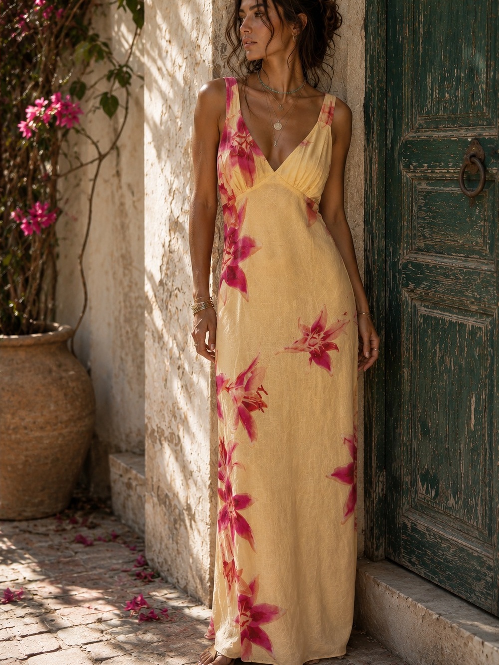 Paper Heart Anthropologie Floral Linen Blend Maxi Dress Yellow Pink M NWT